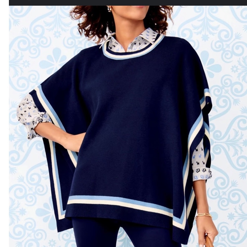 Talbots Knit Poncho Cape Sweater Short Sleeve Coastal Nautical Beachy XS/S Women